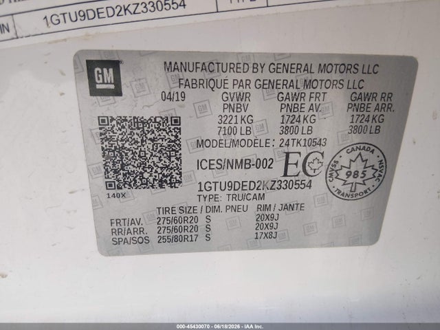 Продажа на аукционе авто 2019 Gmc Sierra 1500 Slt, vin: 1GTU9DED2KZ330554, номер лота: 45430070