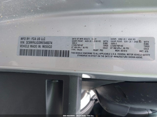 45430093 :رقم المزاد ، 3C6MRVJG0ME546074 vin ، 2021 Ram Promaster 3500 Cargo Van High Roof 159 Wb Ext مزاد بيع