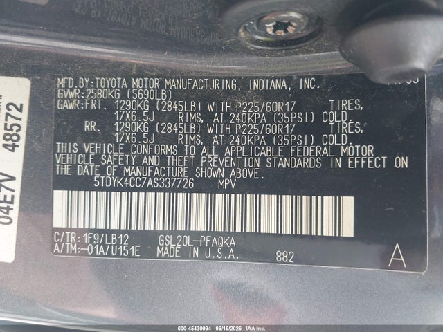 2010 Toyota Sienna Xle მანქანა იყიდება აუქციონზე, vin: 5TDYK4CC7AS337726, აუქციონის ნომერი: 45430094