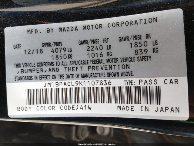45430124 :رقم المزاد ، JM1BPACL9K1107836 vin ، 2019 Mazda Mazda3 Select Package مزاد بيع