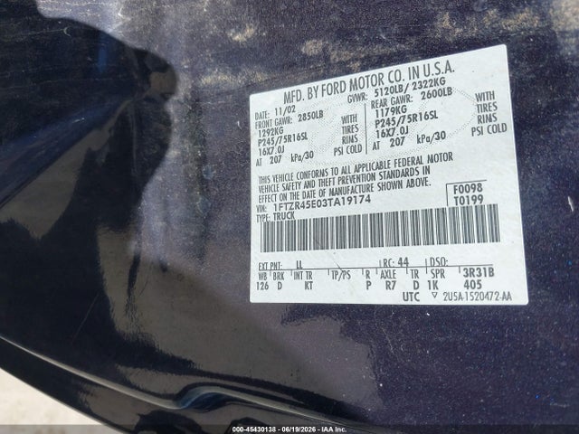 45430138 :رقم المزاد ، 1FTZR45E03TA19174 vin ، 2003 Ford Ranger Edge/xlt مزاد بيع
