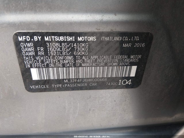 45430143 :رقم المزاد ، ML32F4FJ6HH000468 vin ، 2017 Mitsubishi Mirage G4 Se مزاد بيع