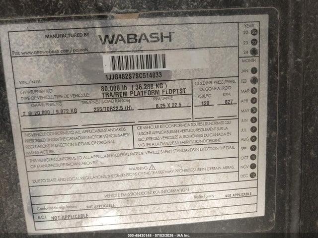 45430148 :رقم المزاد ، 1JJG482S7SC514033 vin ، 2025 Wabash Flatbed مزاد بيع
