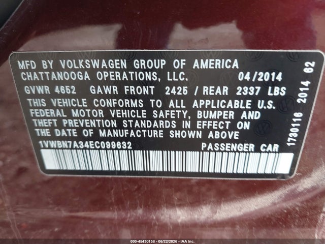 Aukcja sprzedaży 2014 Volkswagen Passat 2.0l Tdi Se, vin: 1VWBN7A34EC099632, numer aukcji: 45430158