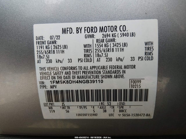 1FMSK8DH4NGB39110 Ford EXPLORER XLT