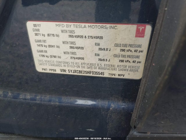 Aukcja sprzedaży 2017 Tesla Model X 100d/75d/90d, vin: 5YJXCBE25HF035545, numer aukcji: 45430236
