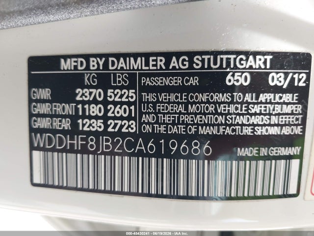45430241 :رقم المزاد ، WDDHF8JB2CA619686 vin ، 2012 Mercedes-benz E 350 4matic مزاد بيع