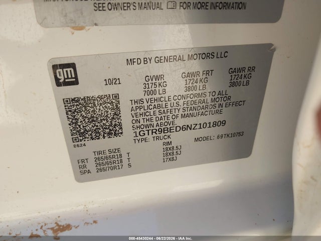 2022 Gmc Sierra 1500 Limited 4wd  Standard Box Sle მანქანა იყიდება აუქციონზე, vin: 1GTR9BED6NZ101809, აუქციონის ნომერი: 45430244