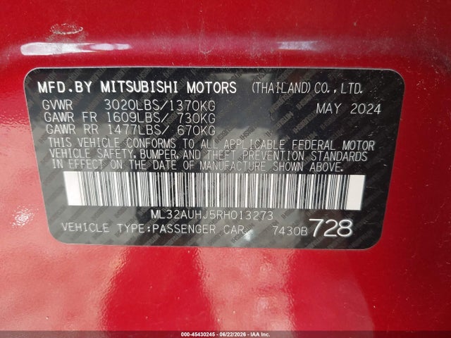 2024 Mitsubishi Mirage Es/le მანქანა იყიდება აუქციონზე, vin: ML32AUHJ5RH013273, აუქციონის ნომერი: 45430245