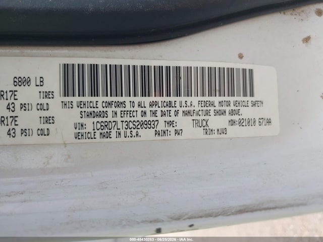 Продажа на аукционе авто 2012 Ram 1500 Outdoorsman, vin: 1C6RD7LT3CS209937, номер лота: 45430283