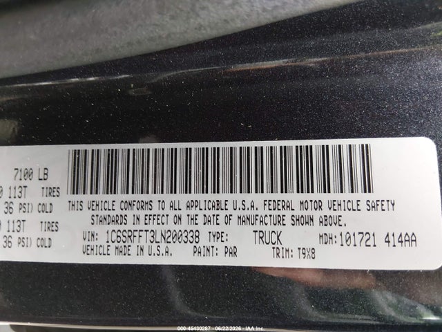 45430287 :رقم المزاد ، 1C6SRFFT3LN200338 vin ، 2020 Ram 1500 Big Horn  4x4 5'7 Box مزاد بيع
