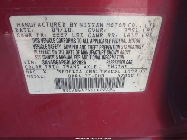 Продажа на аукционе авто 2011 Nissan Sentra 2.0s, vin: 3N1AB6AP5BL622826, номер лота: 45430288