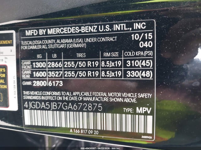 Aukcja sprzedaży 2016 Mercedes-benz Gle 350, vin: 4JGDA5JB7GA672875, numer aukcji: 45430307