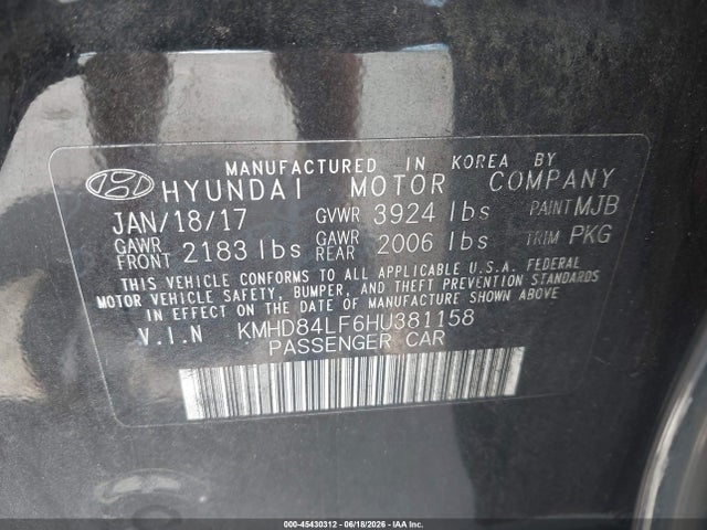 Auction sale of the 2017 Hyundai Elantra Se, vin: KMHD84LF6HU381158, lot number: 45430312