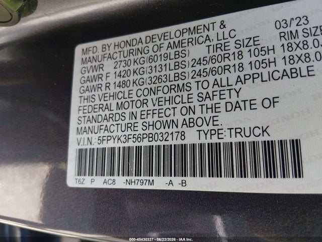 5FPYK3F56PB032178 Honda Ridgeline Rtl