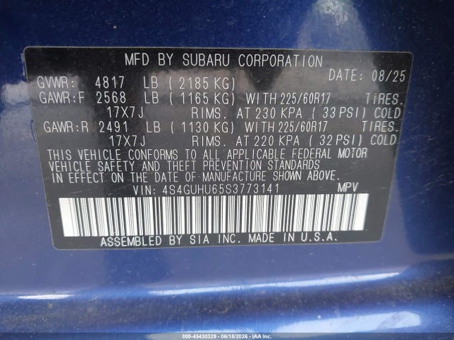 2025 Subaru Crosstrek Wilderness მანქანა იყიდება აუქციონზე, vin: 4S4GUHU65S3773141, აუქციონის ნომერი: 45430329
