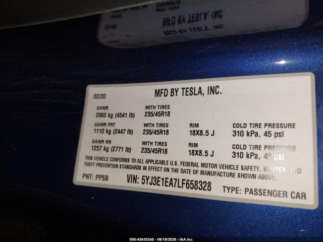 Продажа на аукционе авто 2020 Tesla Model 3 Standard Range Plus Rear-wheel Drive/standard Range Rear-wheel Drive, vin: 5YJ3E1EA7LF658328, номер лота: 45430348