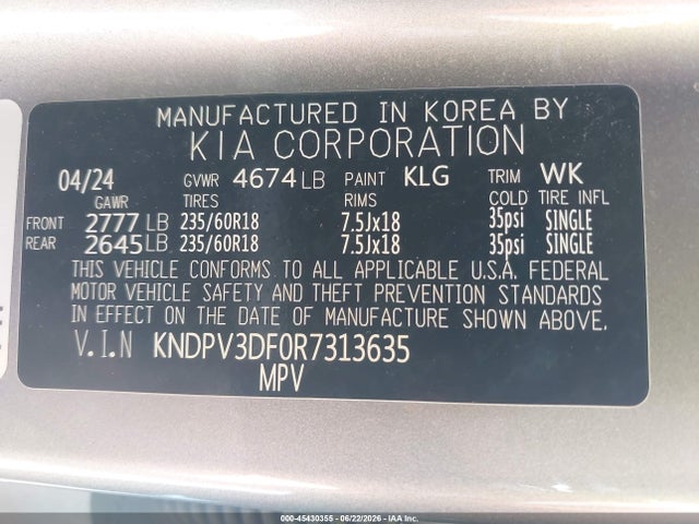 45430355 :رقم المزاد ، KNDPV3DF0R7313635 vin ، 2024 Kia Sportage Ex مزاد بيع