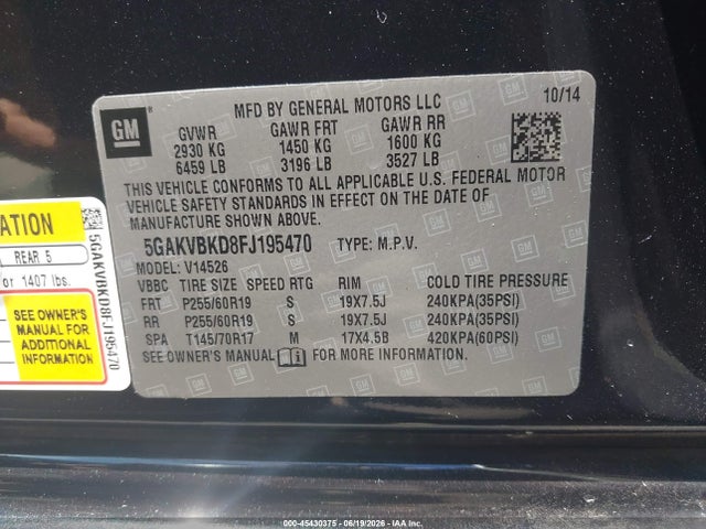 Aukcja sprzedaży 2015 Buick Enclave Leather, vin: 5GAKVBKD8FJ195470, numer aukcji: 45430375