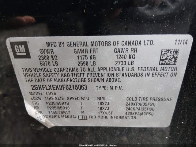45430387 :رقم المزاد ، 2GKFLXEK0F6215063 vin ، 2015 Gmc Terrain Slt-1 مزاد بيع