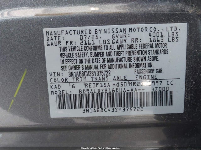 Продаж на аукціоні авто 2025 Nissan Sentra Sv, vin: 3N1AB8CV3SY375722, номер лоту: 45430390