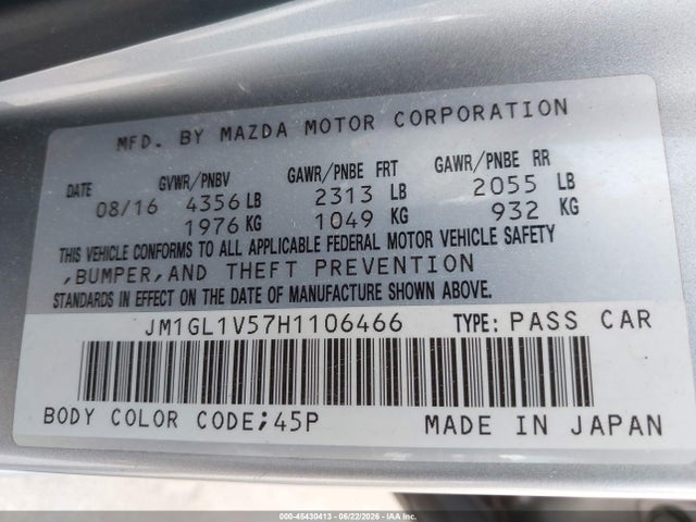Продажа на аукционе авто 2017 Mazda Mazda6 Touring, vin: JM1GL1V57H1106466, номер лота: 45430413