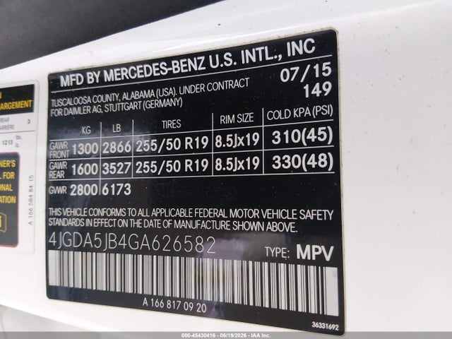 45430416 :رقم المزاد ، 4JGDA5JB4GA626582 vin ، 2016 Mercedes-benz Gle 350 مزاد بيع