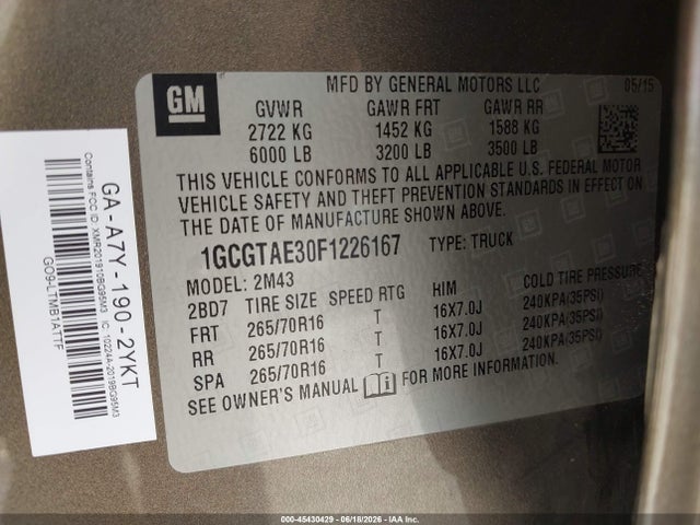 Chevrolet Colorado Wt 2015 1GCGTAE30F1226167 Image 9