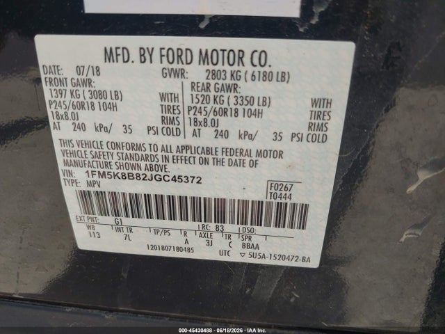1FM5K8B82JGC45372 Ford Explorer