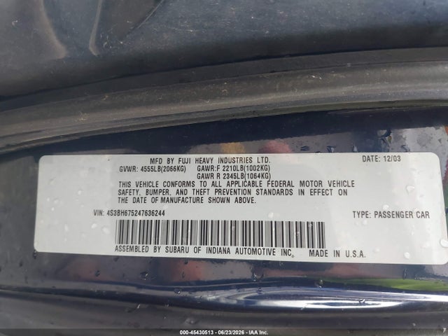 45430513 :رقم المزاد ، 4S3BH675247636244 vin ، 2004 Subaru Outback مزاد بيع