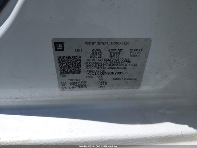 Auction sale of the 2018 Chevrolet Silverado 2500hd High Country, vin: 1GC1KXEY9JF288525, lot number: 45430533