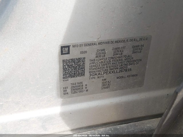 Aukcja sprzedaży 2020 Gmc Terrain Fwd Slt, vin: 3GKALPEXXLL267815, numer aukcji: 45430538