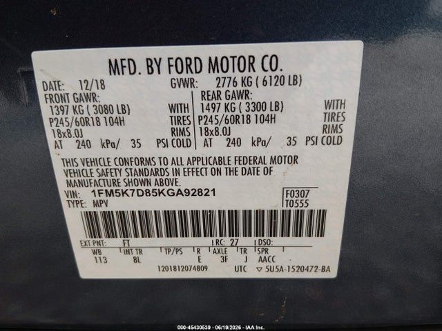 Ford EXPLORER XLT 2019 1FM5K7D85KGA92821 Image 9