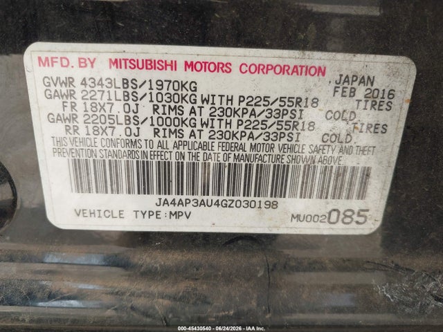 45430540 :رقم المزاد ، JA4AP3AU4GZ030198 vin ، 2016 Mitsubishi Outlander Sport 2.0 Es مزاد بيع