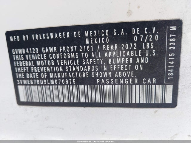 Продаж на аукціоні авто 2020 Volkswagen Jetta 1.4t Sel, vin: 3VWEB7BU9LM070975, номер лоту: 45430555