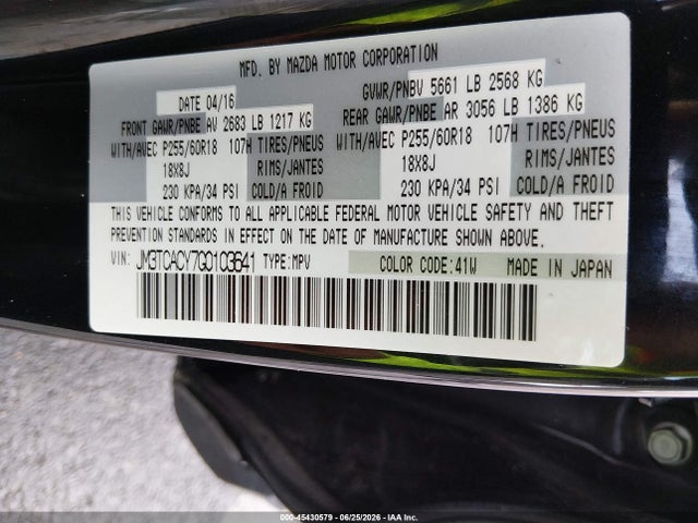 Aukcja sprzedaży 2016 Mazda Cx-9 Touring, vin: JM3TCACY7G0103641, numer aukcji: 45430579
