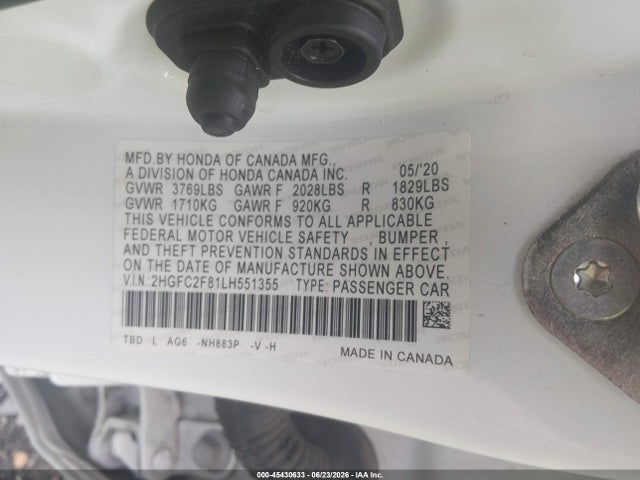 2020 Honda Civic Sport მანქანა იყიდება აუქციონზე, vin: 2HGFC2F81LH551355, აუქციონის ნომერი: 45430633