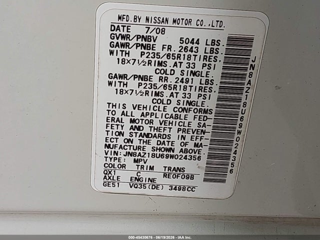 2009 Nissan Murano Sl მანქანა იყიდება აუქციონზე, vin: JN8AZ18U69W024356, აუქციონის ნომერი: 45430676