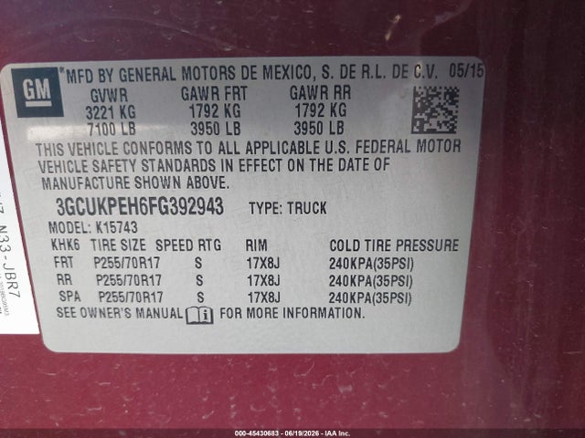 Продажа на аукционе авто 2015 Chevrolet Silverado 1500 Work Truck, vin: 3GCUKPEH6FG392943, номер лота: 45430683