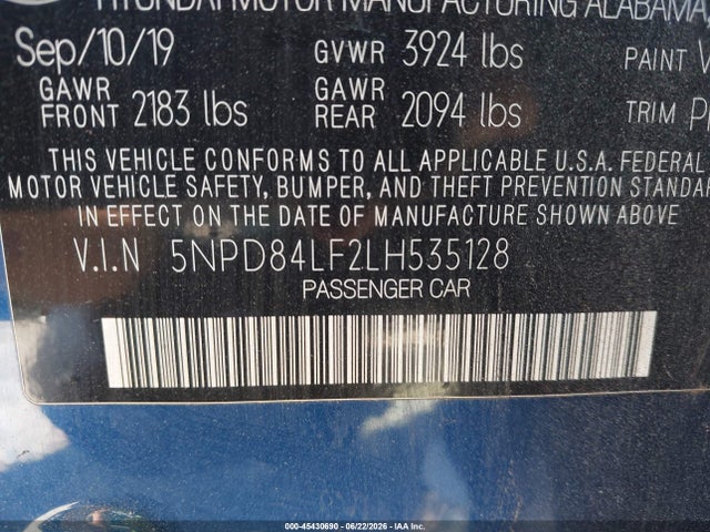45430690 :رقم المزاد ، 5NPD84LF2LH535128 vin ، 2020 Hyundai Elantra Sel مزاد بيع