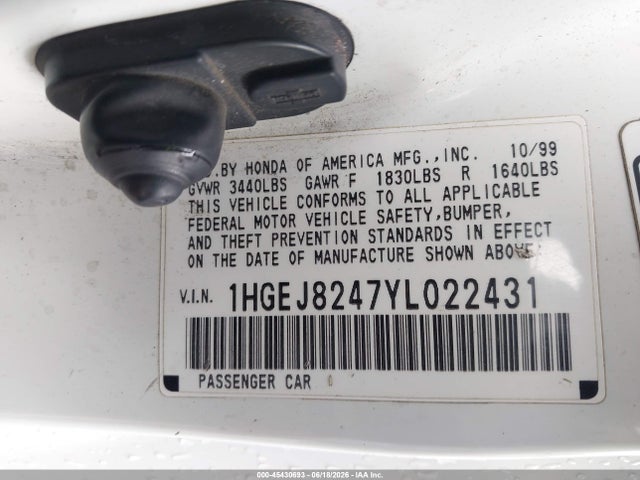 Aukcja sprzedaży 2000 Honda Civic Ex, vin: 1HGEJ8247YL022431, numer aukcji: 45430693