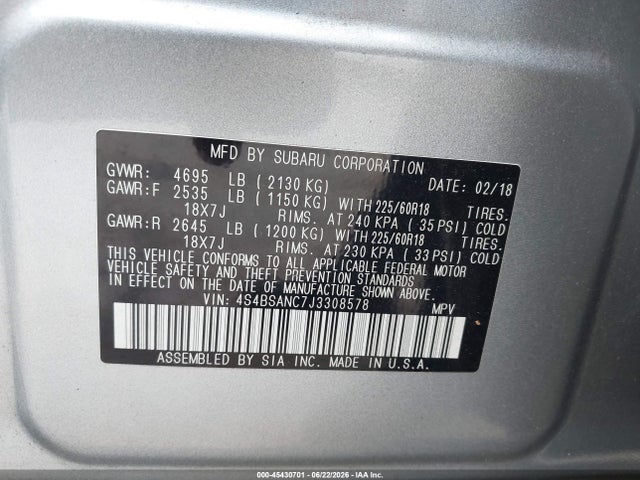 Subaru Outback 2.5i Limited 2018 4S4BSANC7J3308578 Image 9
