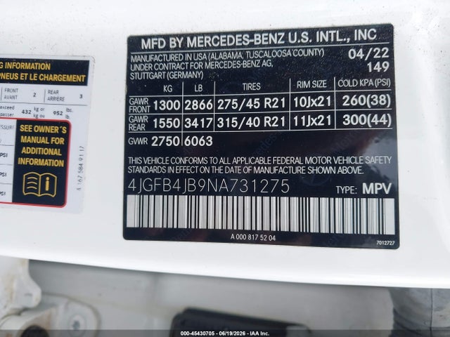 Aukcja sprzedaży 2022 Mercedes-benz Gle 350, vin: 4JGFB4JB9NA731275, numer aukcji: 45430705