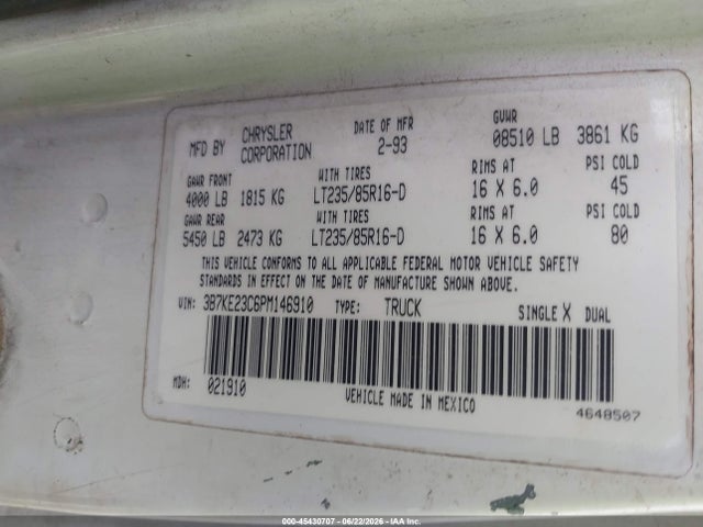 Aukcja sprzedaży 1993 Dodge D-series D200/d250, vin: 3B7KE23C6PM146910, numer aukcji: 45430707