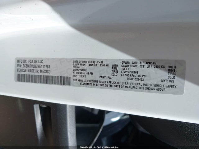 Продаж на аукціоні авто 2022 Ram Promaster 3500 Cargo Van High Roof 159 Wb Ext, vin: 3C6MRVJG7NE111781, номер лоту: 45430716