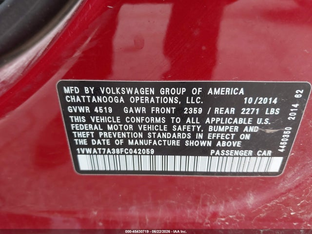 Aukcja sprzedaży 2015 Volkswagen Passat 1.8t Wolfsburg Edition, vin: 1VWAT7A38FC042059, numer aukcji: 45430719