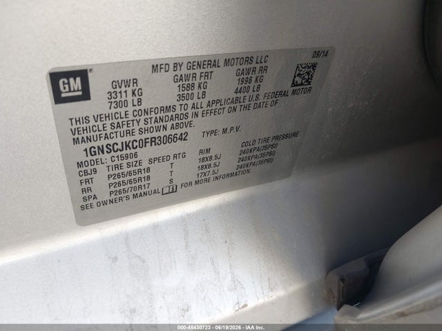Chevrolet Suburban Lt 2015 1GNSCJKC0FR306642 Image 9