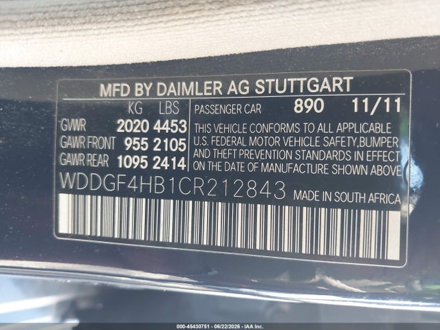 Auction sale of the 2012 Mercedes-benz C 250 Sport, vin: WDDGF4HB1CR212843, lot number: 45430751