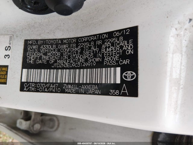 45430787 :رقم المزاد ، JTDZN3EU9C3149919 vin ، 2012 Toyota Prius V Three مزاد بيع