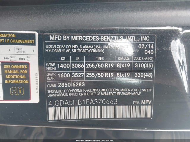 Aukcja sprzedaży 2014 Mercedes-benz Ml 350 4matic, vin: 4JGDA5HB1EA370663, numer aukcji: 45430790